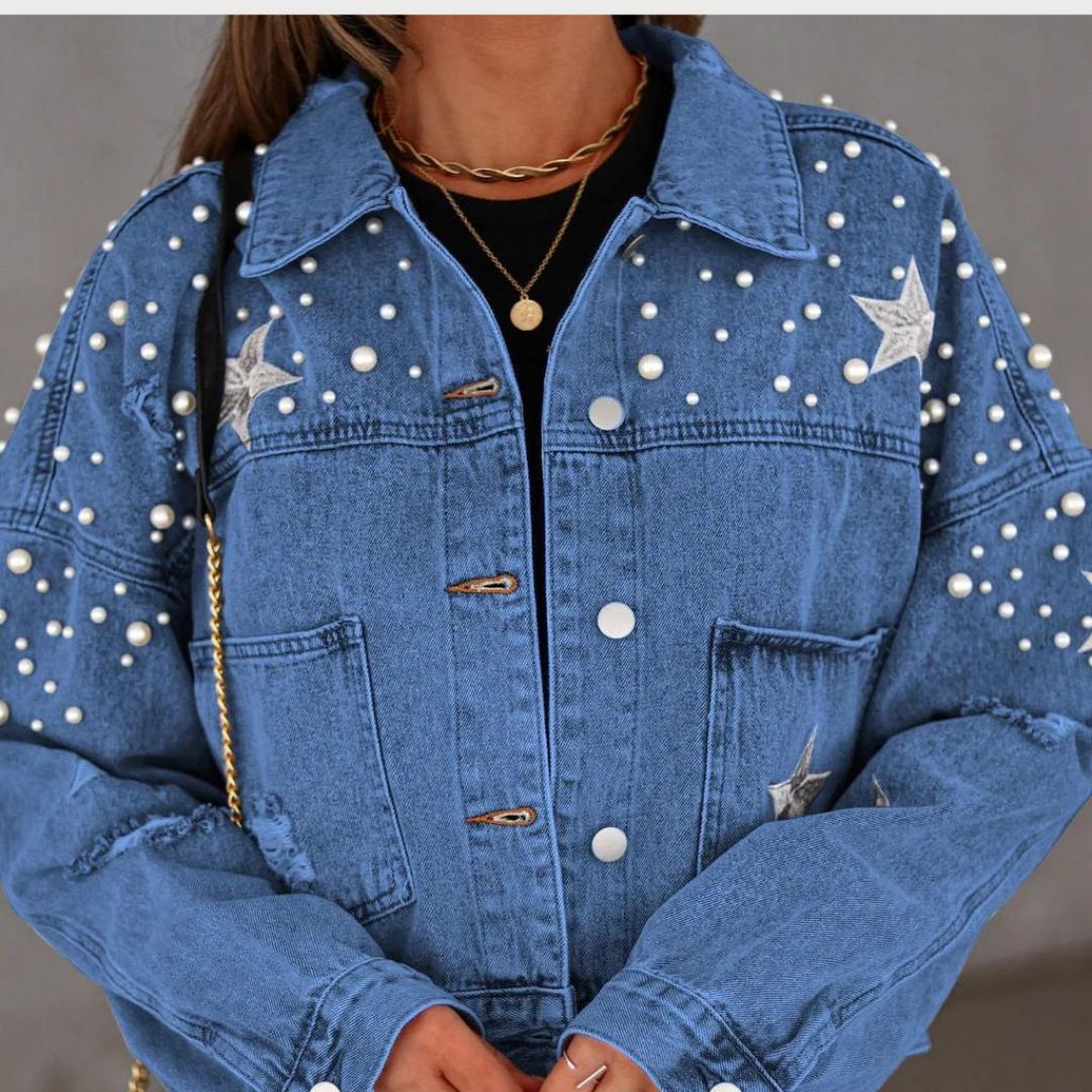 Damjacka med Pärldekoration och Stjärnaccenter i Denim för Dam 3