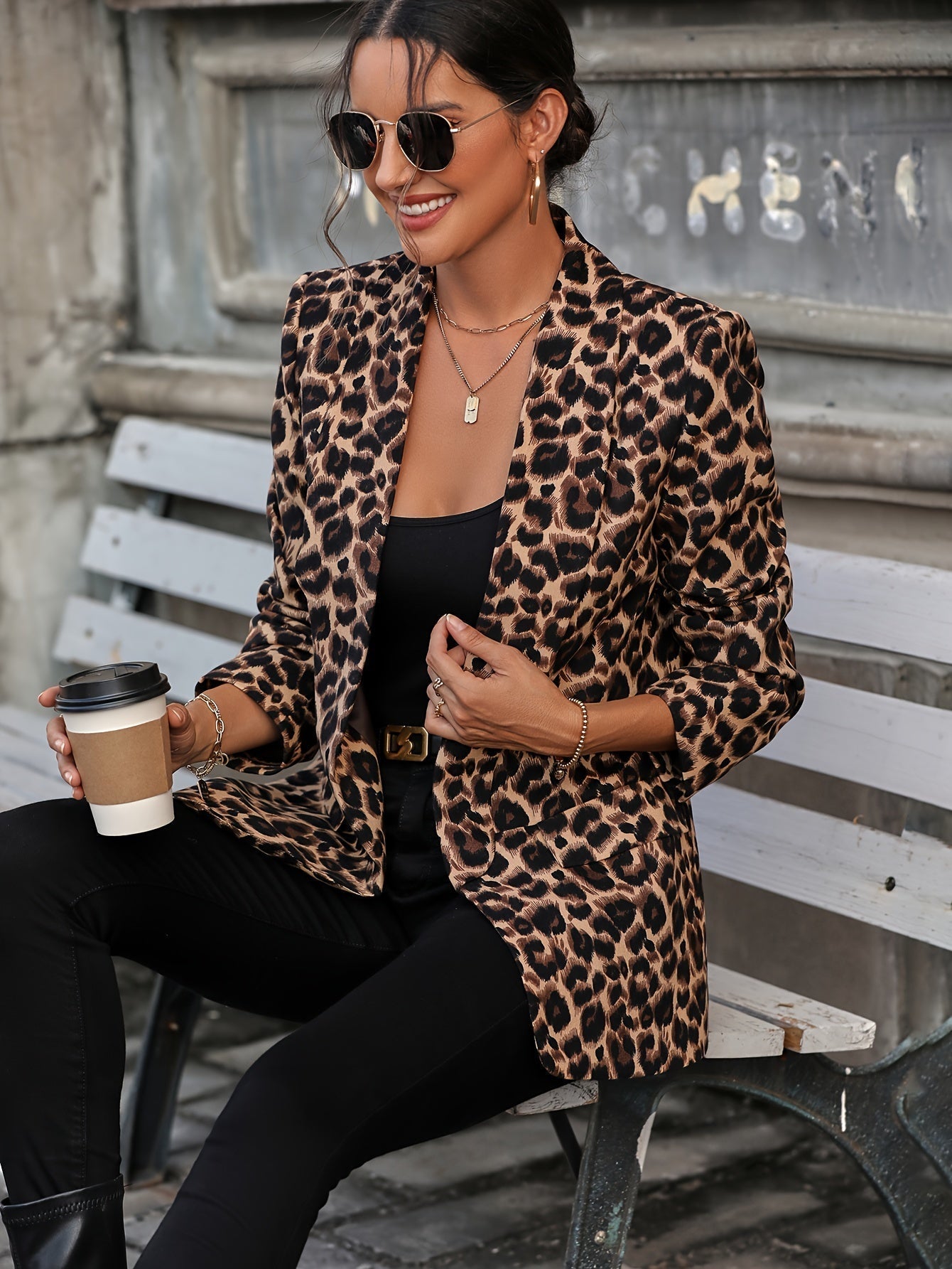 Variant image for Dam Blazer Lång Leopardmönster Affärslook Kvalitativt Tyg-7