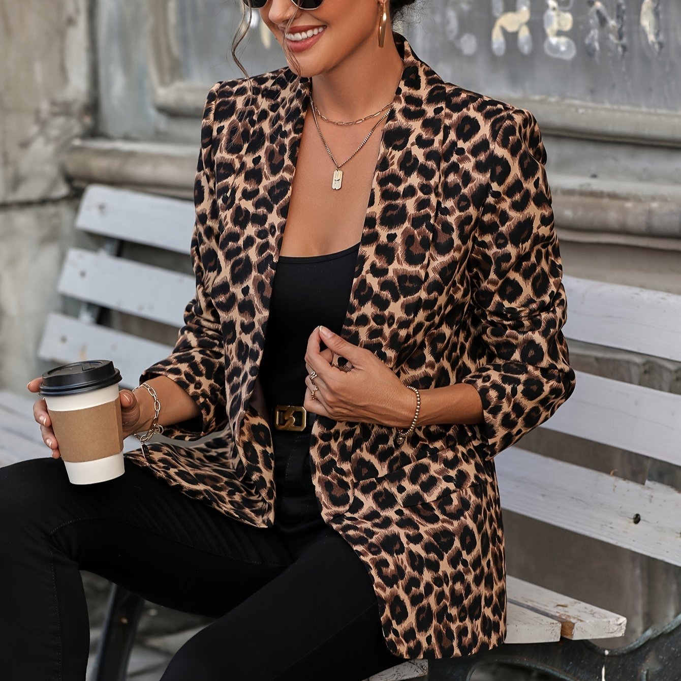 Variant image for Kvinna Lång Blazer Leopardmönster Mjukt Blandat Tyg-8