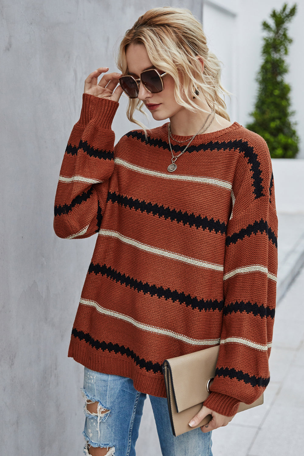 Dam Tröja Långärmad Randig Polyester Bred Silhuett-4