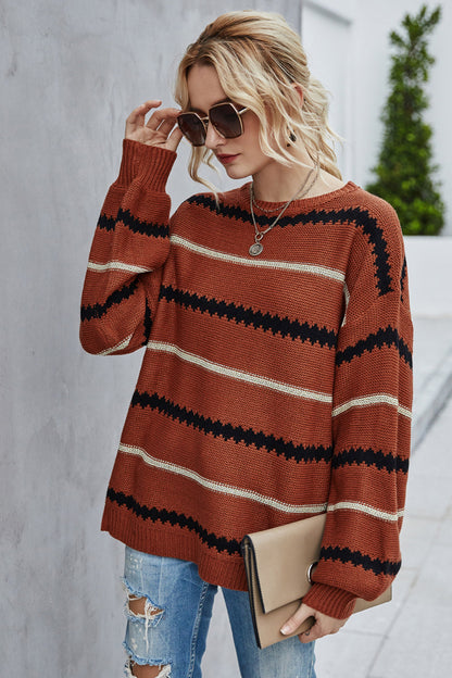 Dam Tröja Långärmad Randig Polyester Bred Silhuett-4