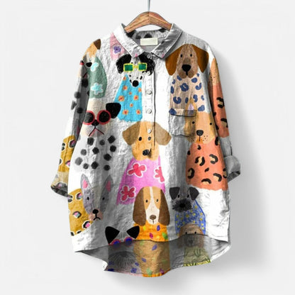 Dam Blus Elegant Polyester med Färgat Konsttryck-4