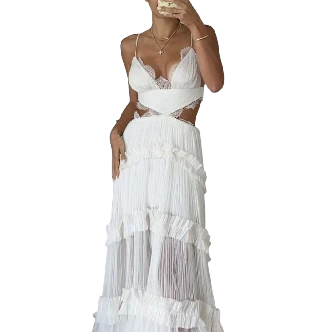 Damklänning Veckad Multilayer Halsringning Högkvalitativ Polyester-4