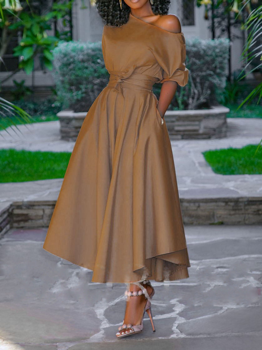 Variant image for Kvinnors Midi Klänning Asymmetrisk Krage Chiffon-9