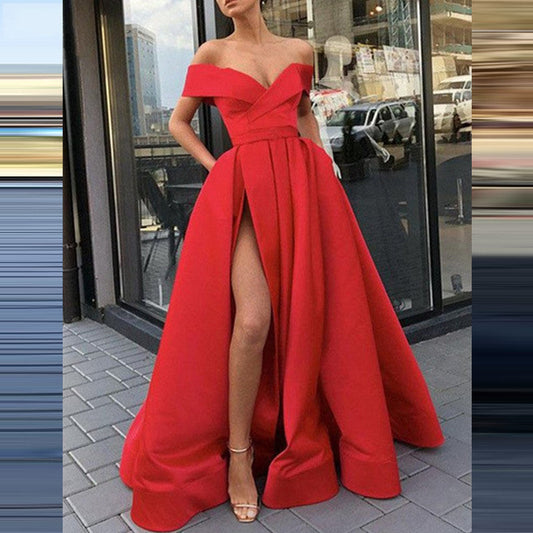 Kvinnors Off-Shoulder Klänning Djup V-ringning Satin Kort Kjol-1