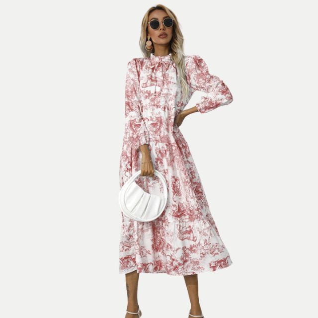 Dam Midi-Klänning Hög Krage Toile-tryck 100% Polyester-1