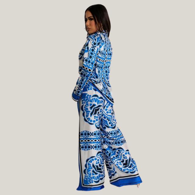 Dam Tvådelad Sats Satin med Fräckt Tryck och Bälte-2