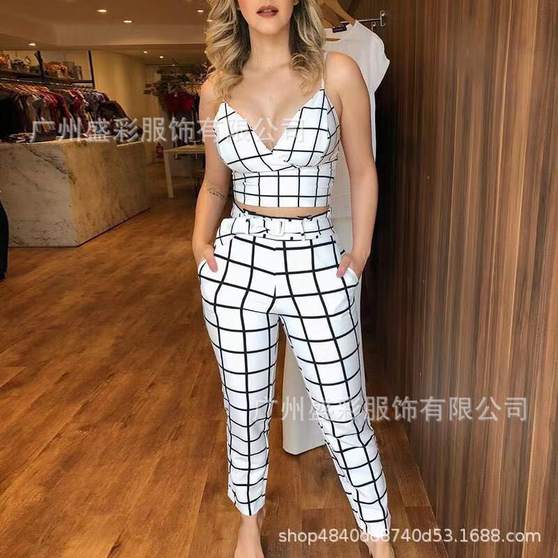 Dam Camisole Crop Top V-ringning Polyester Capri-byxor Set-3