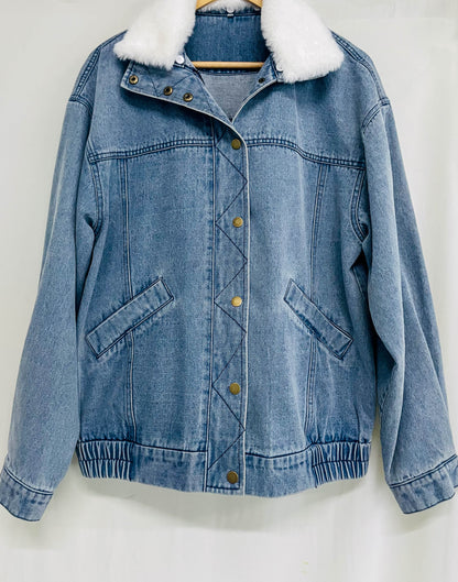 Kvinnors Denimjacka Modern Snitt Fleecekrage Denim 5
