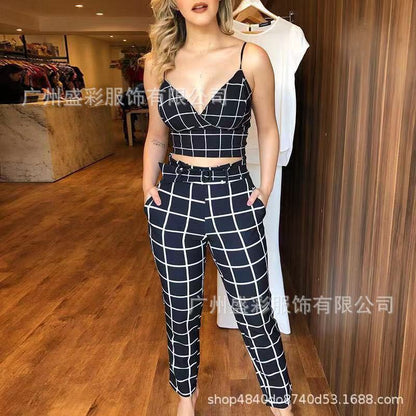 Dam Camisole Crop Top V-ringning Polyester Capri-byxor Set-5