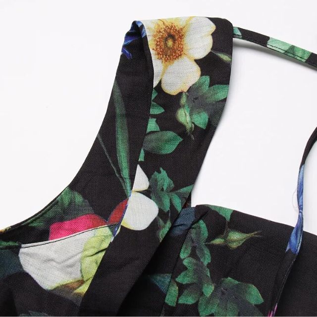 Dam Midiklänning Fyrkantig Halsringning Blommig Polyester-6