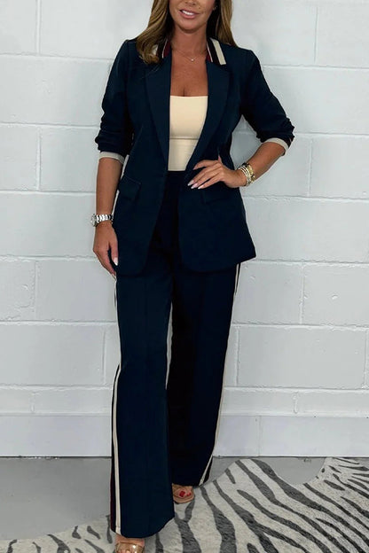 Damer Blazer Set Modern Stil Mjukt Blandningstyg med Randiga Byxor-6
