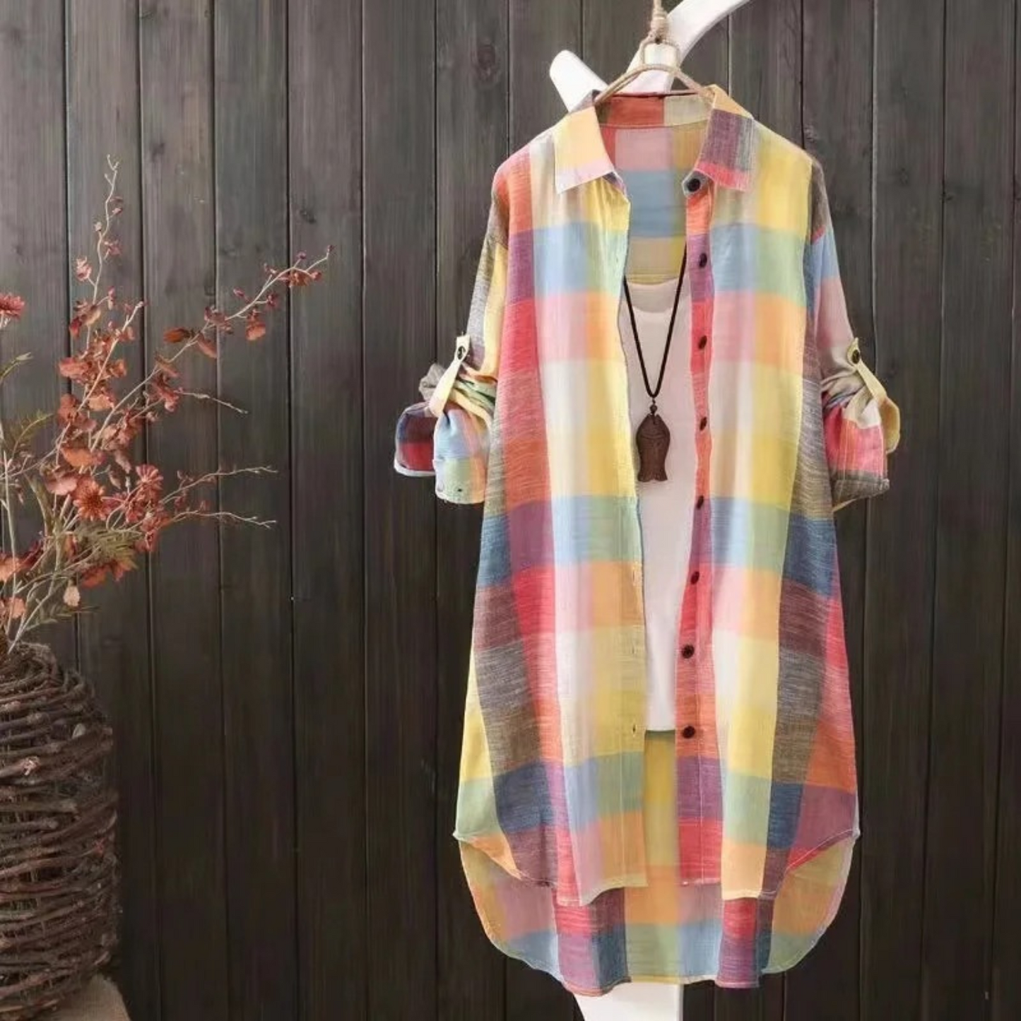 Dam Blusklänning Vändningsdesign Blockmönster Polyester-1
