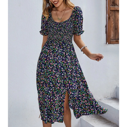 Sommarklänning Dam Elastisk Blå Mönster Rund Halsringning 7