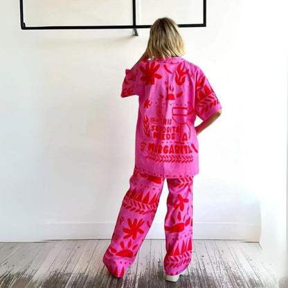 Dam Tvådelad Sats Blommig Polyester Löst Sittande Skjorta och Vida Byxor-2