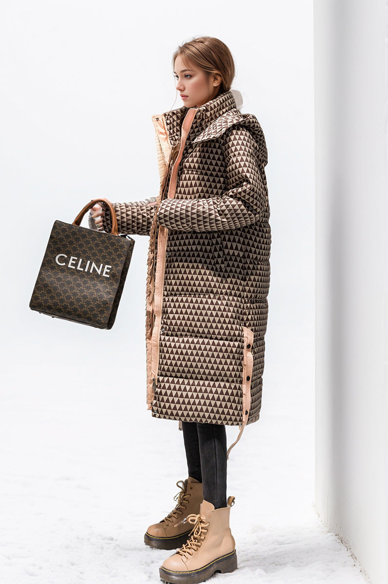 Dam Rutig Bomullsrock Med Huva Quiltad Över Knälängd-4