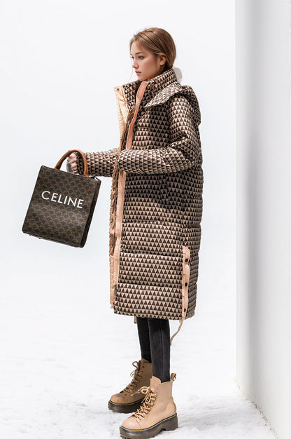 Dam Rutig Bomullsrock Med Huva Quiltad Över Knälängd-4