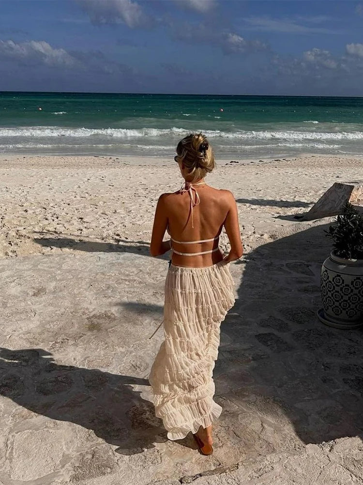 Dam Chiffong Halterneck Topp och Kjol Set med Rüsch Detaljer för Sommarkläder 6