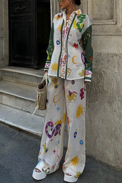 Dam Blus Set med Tryck och Lösa Byxor i Bomull och Polyester-5