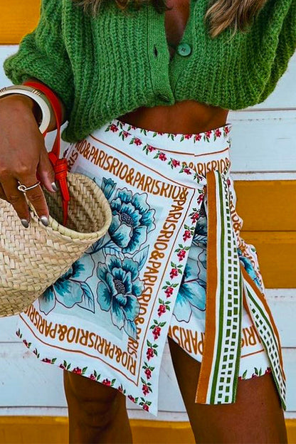 Dam Mini Kjol Blommönster Bindning i Midjan Bomull Polyester-2