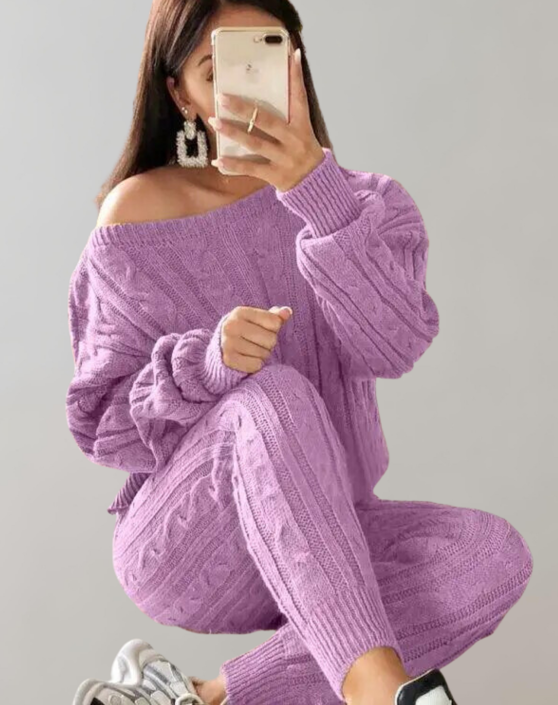 Dam Set Stickad Tröja och Bredbyxor Mjuk Akrylblandning-3