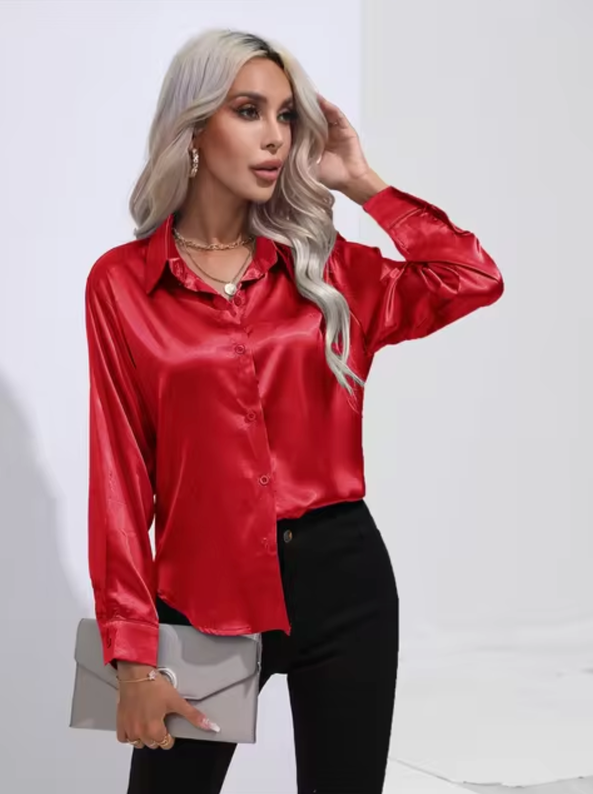 Variant image for Dam Blus Långärmad Satin Elegant V-Ringning-46
