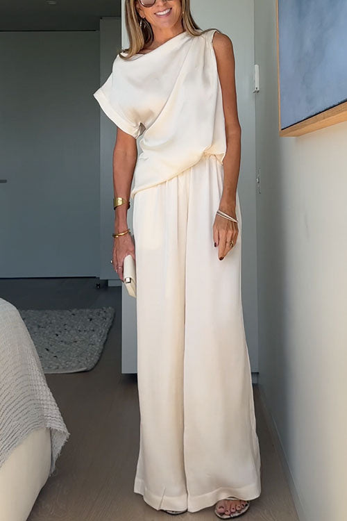 Damkläder Asymmetrisk Axeltröja och Breda Byxor i Bomull och Polyester-1