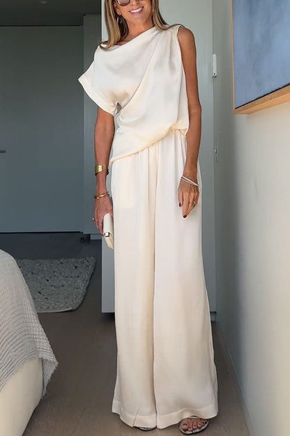 Damkläder Asymmetrisk Axeltröja och Breda Byxor i Bomull och Polyester-1