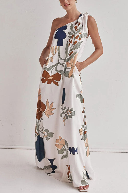 Dam Maxiklänning Asymmetrisk Blommönster Bomull Polyester Sommar-6