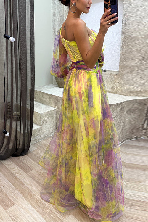 Dam Maxiklänning En Axel Hög Slits Nät Detalj Bomull Polyester-2