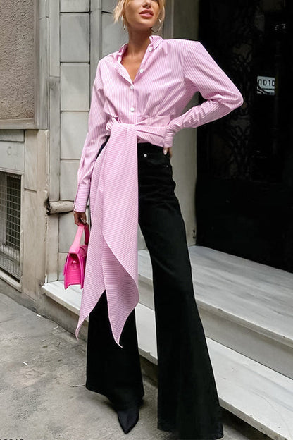 Dam Blus Långärmad Randig Bindning i Midjan Bomull Polyester-3