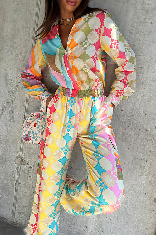 Dam Långärmad Blus med Kontrasttryck och Lastbyxor i Bomull och Polyester-2