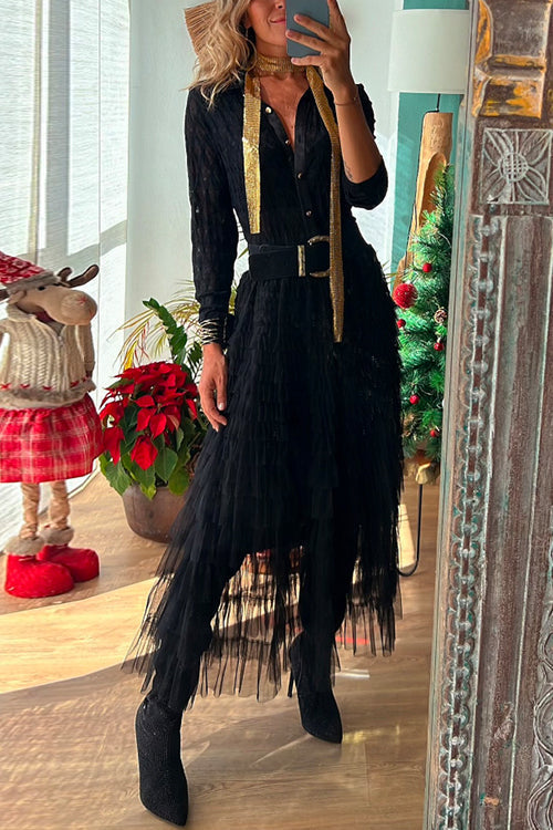 Maxikjol Dam Rynkad Tyll med Flerskiktad Design-5