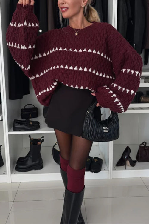 Variant image for Dam Stickad Chunky Tröja med Lykta Ärmar i Färgblockad Design-5