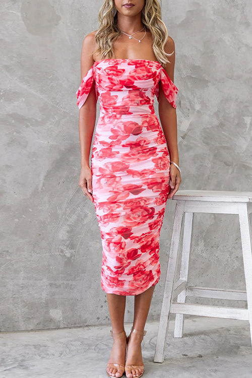 Fina Dam Klänningar Off Shoulder Blommig Midi Mesh Bomull Polyeter-5