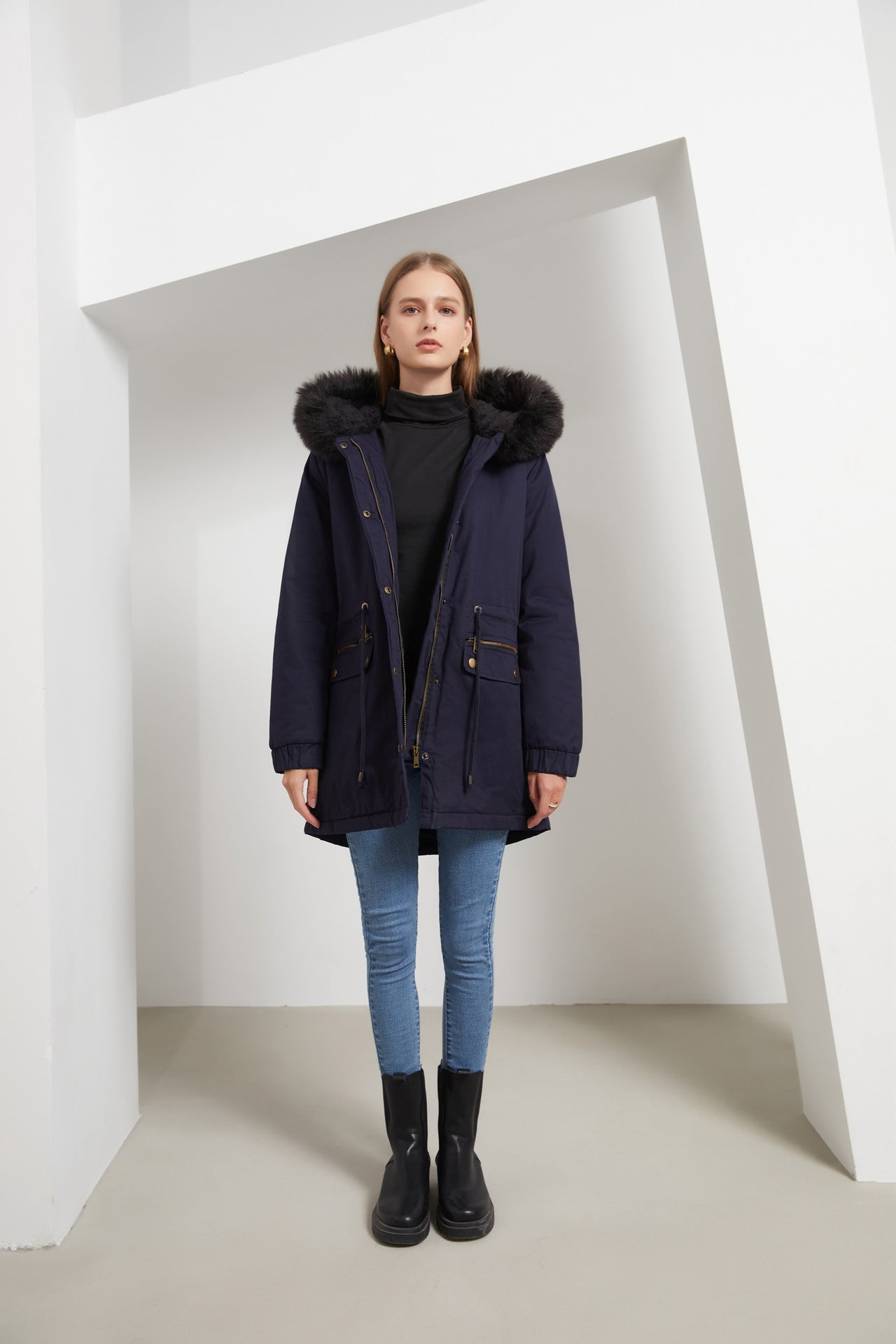 Kvinnors Parka Kappa med Fleecefoder och Huva Bomull Polyester-6