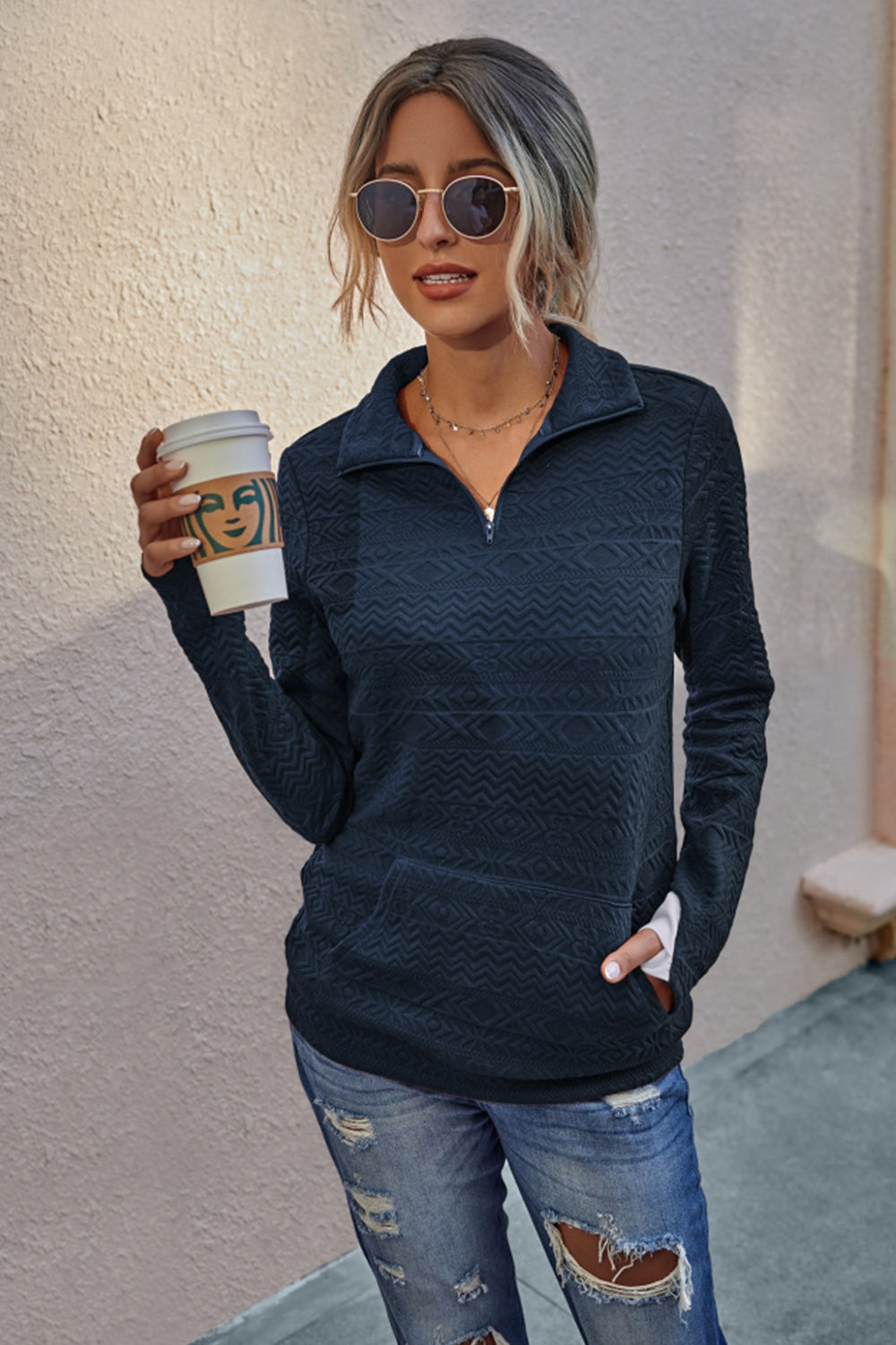 Dam Tröja Monokrom med Dragkedja Polyester Lång Ärmar 2