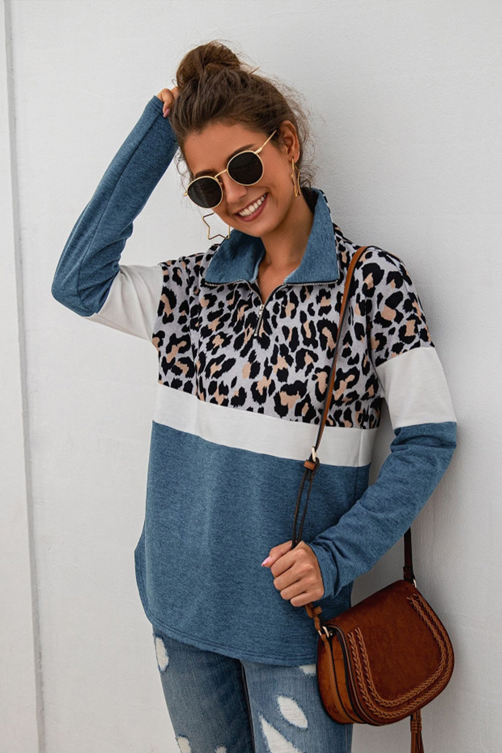 Dam Topp Leopardmönstrad Lång Ärmar Polyester-5