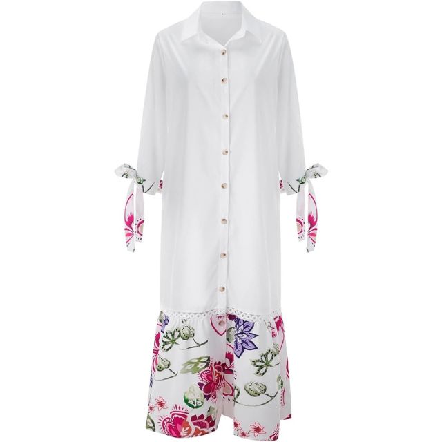 Maxiklänning Dam Blommönster Knappkropp Mjuk Bomullsmix-5