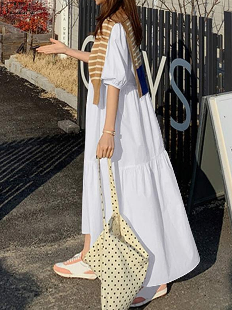 Maxiklänning Dam A-linjeformad Bomull Lång Sommar Klänning-2