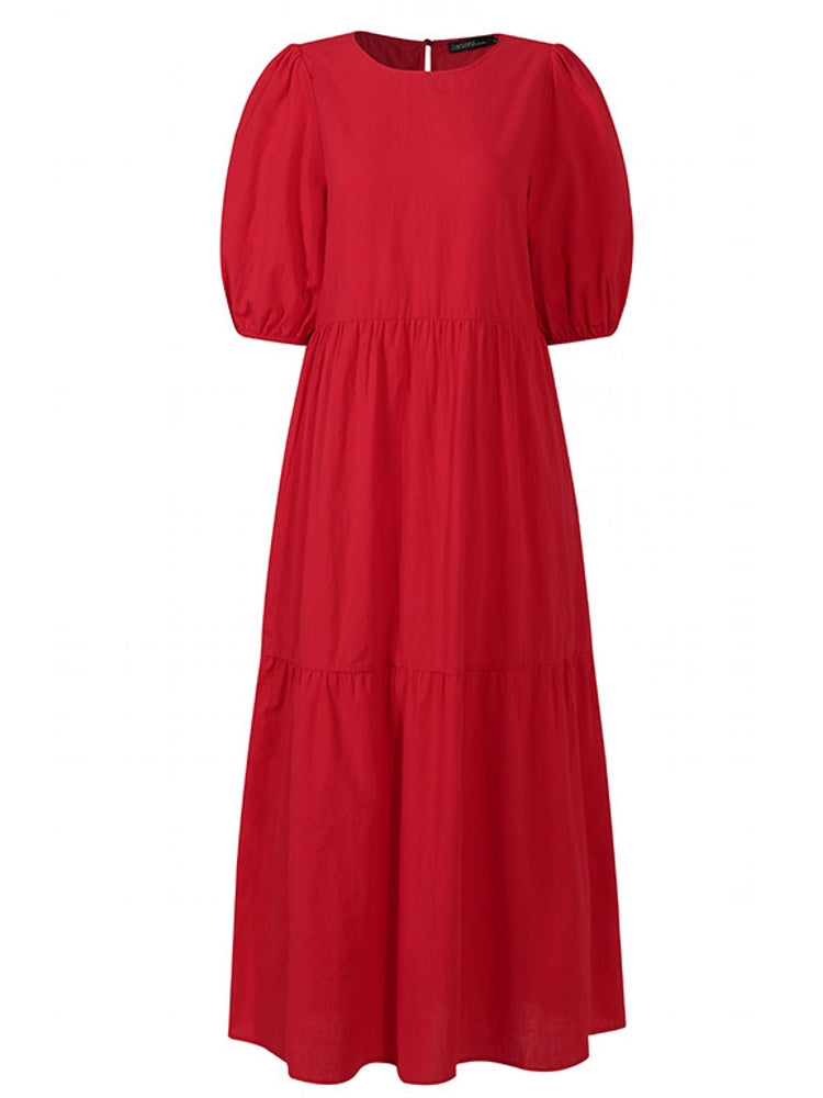 Maxiklänning Dam A-linjeformad Bomull Lång Sommar Klänning-4