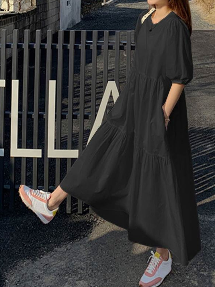 Maxiklänning Dam A-linjeformad Bomull Lång Sommar Klänning-3