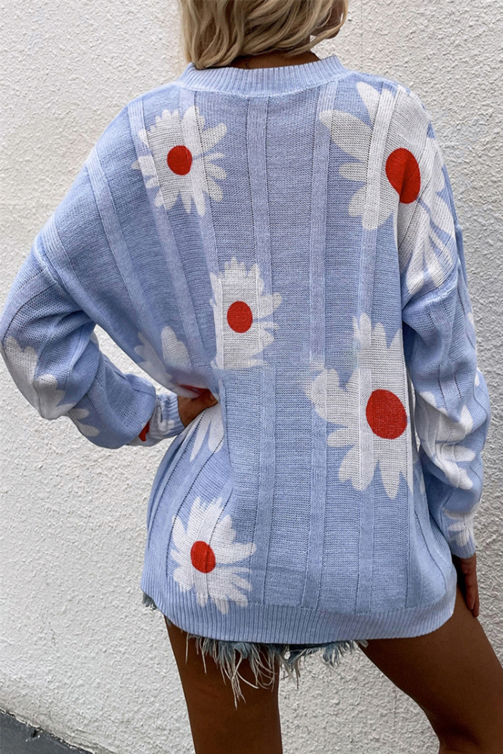 Stickad Dam Tröja Kortärmad Polyester Blommigt Mönster-5