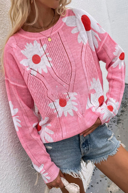 Stickad Dam Tröja Kortärmad Polyester Blommigt Mönster-6