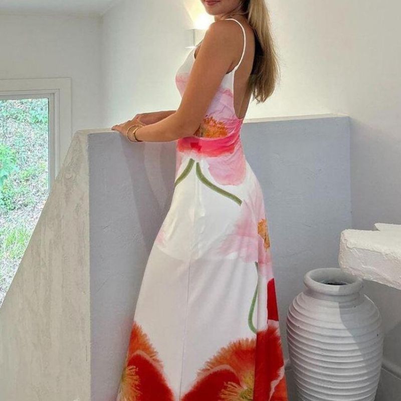 Dam Maxiklänning Blommönster Spaghetti Band Bomull Polyester-6