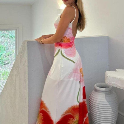 Dam Maxiklänning Blommönster Spaghetti Band Bomull Polyester-6