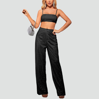 Damkläder Högmidjade Byxor och Glittrande Skördetopp i Mjukt Material-2