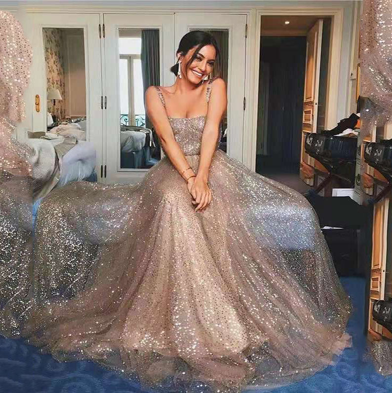 Fina Dam Klänningar Ärmlös Spaghetti Band Glittrande Paljetter Triacetat Polyester-5