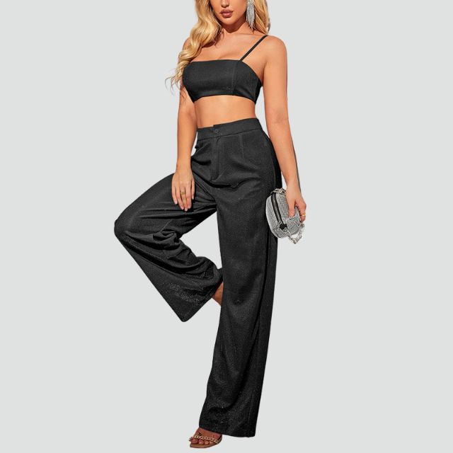 Damkläder Högmidjade Byxor och Glittrande Skördetopp i Mjukt Material-4