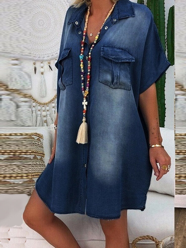 Kvinna Midi Klänning Löst Snitt Denim Kort Ärmar-5